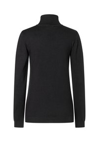 Czarny sweter z golfem, długie rękawy, detale w żeberka na szyi i mankietach, wykonany z gładkiego materiału, ma dopasowaną sylwetkę bez widocznych wzorów.