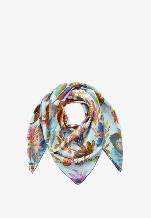 Foulard en soie avec un motif floral dans des tons de bleu, orange, rose et vert ; présente une texture lisse et une forme triangulaire avec des bords roulés.