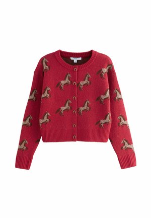 Red knitted cardigan featuring light brown horse patterns, with a round neckline, button front, and ribbed cuffs and hem.