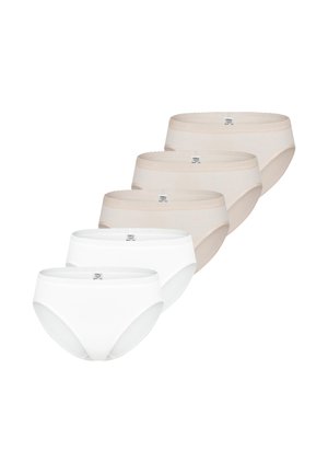 Fünf Damen-Unterhosen im Bikini-Stil in Beige und Weiß, in einer versetzten, sich überlappenden Reihe auf einem einfarbigen Hintergrund angeordnet.