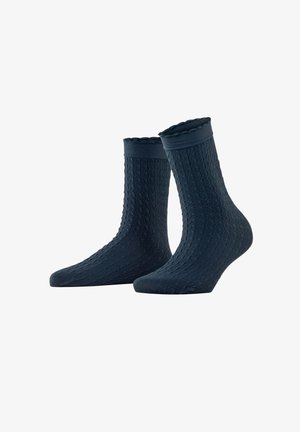 Dunkelblaue Socken mit Muster und strukturiertem Design, geripptem Bund und gezacktem Rand an der Oberseite. Knöchelhohe Länge. Weiches Material.