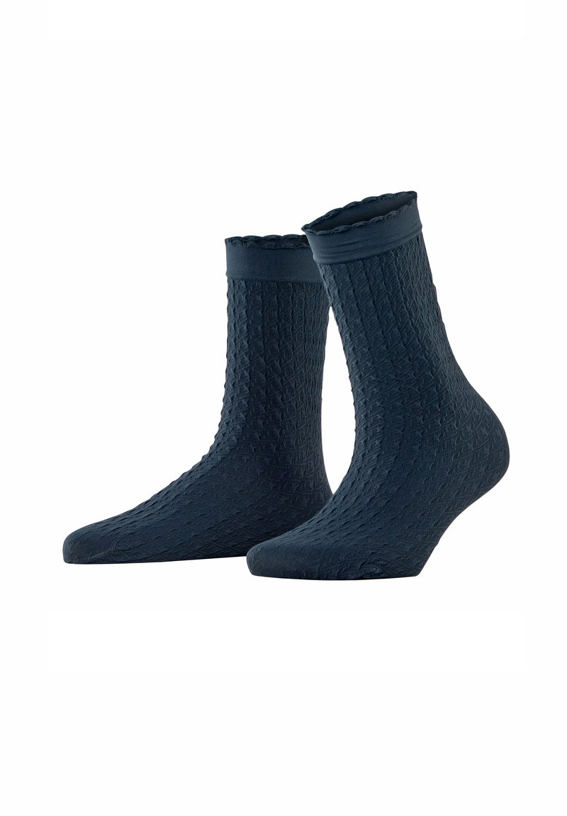 Ciemnoniebieskie skarpetki w wzory z teksturowanym wzorem, prążkowanym mankietem i falistym brzegiem na górze. Długość do połowy łydki. Miękki materiał.