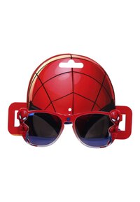 Occhiali da sole a tema Spider-Man rossi con lenti nere, con grafiche del personaggio sui lati e uno sfondo con motivo a ragnatela sulla confezione.