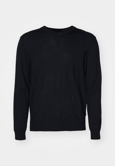 Black v-neck sweater made of soft fabric. Features long sleeves and ribbed cuffs and hem. Simple, classic design without patterns or accents.