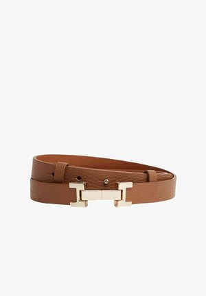 Brown leather belt with a textured finish, featuring a gold-tone metal buckle with a rectangular design and double prong.