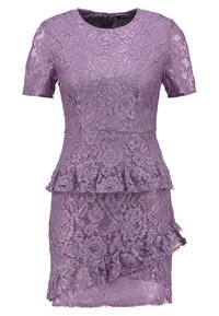 Krátké fialkové krajkové šaty s peplum pasem, rýhovaným lemem a květinovými vzory. Zipové zapínání na zádech.