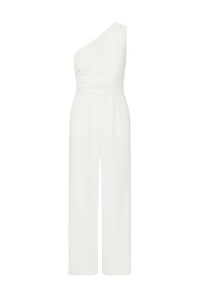 Weißer ärmelloser Jumpsuit mit einem schulterfreien Design, tailliertem Oberteil und weitem Hosenbein.