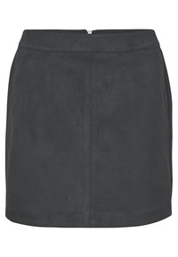 Mini-jupe en suède gris foncé avec une texture lisse, dotée d'une fermeture éclair cachée à l'arrière, de lignes épurées et d'un design minimaliste sans poches.