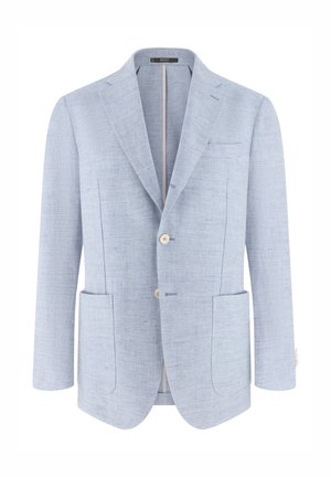Blazer bleu clair texturé avec revers crantés, deux poches plaquées avant, deux boutons et une poche poitrine passepoilée.