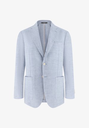 Blazer bleu clair texturé avec revers crantés, deux poches plaquées avant, deux boutons et une poche poitrine passepoilée.
