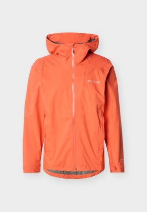 Jasná oranžová bunda Columbia s kapucňou, predným zipsom, vreckom na hrudi a nastaviteľnými manžetami, navrhnutá na ochranu proti poveternostným vplyvom vonku.