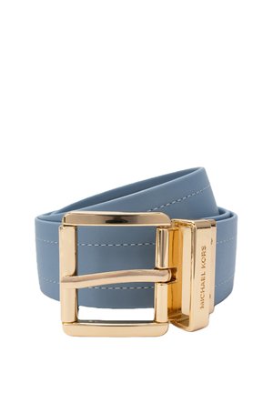 Blue leather belt featuring a gold-tone metal buckle with a rectangular shape. Stitch detailing along the belt adds texture. Brand name engraved.