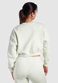 Sudadera corta de color verde claro con escote redondo y costuras de hombros caídas, combinada con pantalones de chándal a juego, mostrada desde atrás.