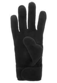 Zwarte fleece handschoen met een getextureerde grip op de vingers en duim. Beschikt over een klittenbandsluiting voor een veilige bevestiging en een unieke afgeronde duimontwerp.