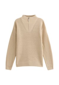 Maglione a maglia beige con colletto alto, dotato di una mezza cerniera e coste testurizzate. Vestibilità ampia con maniche lunghe e orlo dritto.