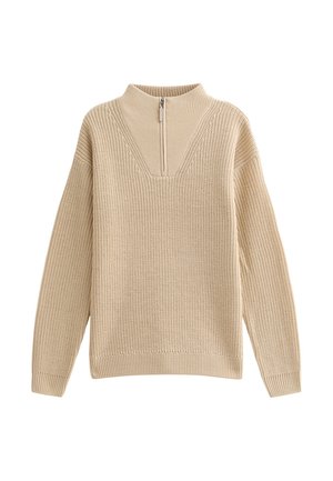 Beżowy sweter dzianinowy z wysokim kołnierzem, z pół zamkiem błyskawicznym i teksturowanym ściągaczem. Luźny krój, długie rękawy i prosta linia dołu.