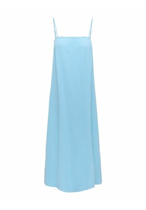 Light blue maxi dress made of textured fabric, featuring thin adjustable straps and a loose A-line silhouette with a gathered detail at the neckline.