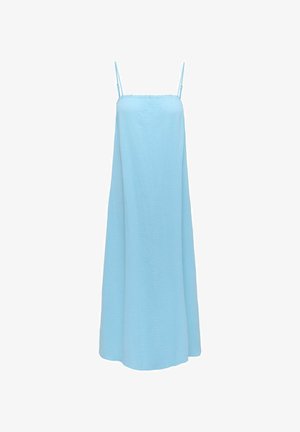 Light blue maxi dress made of textured fabric, featuring thin adjustable straps and a loose A-line silhouette with a gathered detail at the neckline.
