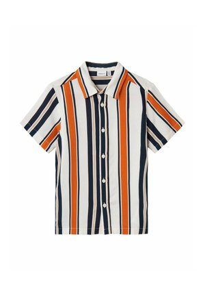 Chemise à manches courtes boutonnée avec des rayures verticales en blanc, orange, bleu marine et beige.