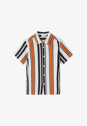 Kortærmet skjorte med knapper og lodrette striber i hvid, orange, marineblå og beige.