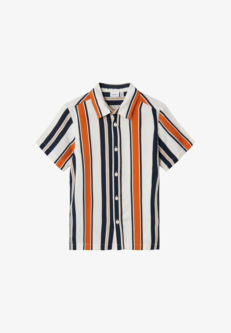 Chemise à manches courtes boutonnée avec des rayures verticales en blanc, orange, bleu marine et beige.