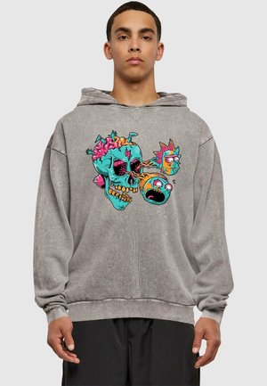 Gray hoodie with a large, colorful graphic of a skull and cartoon faces. Features a relaxed fit, thick fabric, and adjustable drawstring hood.
