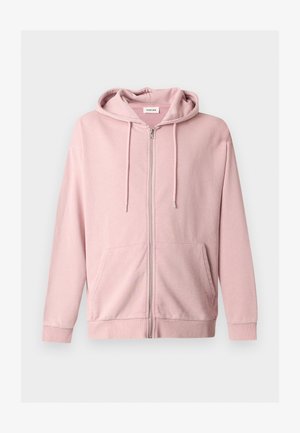 Ανοιχτό ροζ φούτερ με φερμουάρ, με τσέπες μπροστά, κουκούλα με κορδόνι και ριμπ μανσέτες και τελείωμα, εμφανίζεται σε ομοιόμορφο φόντο.