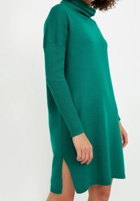 Robe tricotée verte avec un col roulé, des manches côtelées et des fentes latérales. Texture douce et coupe décontractée, conçue pour le confort et la liberté de mouvement.