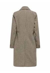 Cappotto a scacchi marrone con maniche lunghe, colletto a punta e dettaglio del polsino con un singolo bottone. Vestibilità sartoriale e lunghezza a metà coscia. Tessuto resistente.