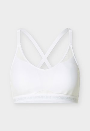 Balts sporta krūšturis ar plānām, regulējamām siksnām, kas krusteniski sastiprinās mugurpusē, un mīkstu elastīgu Under Armour joslu zem krūtīm.