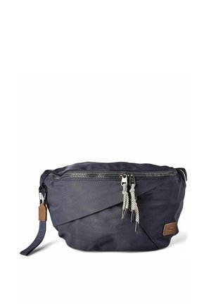 Marsupio in tessuto blu navy con doppia cerniera con corde bianche e tracolla nera con una piccola patch logo in pelle marrone.