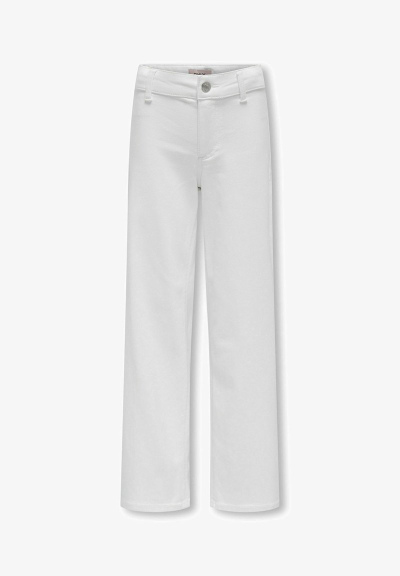 Valged otse-jala teksad, mis on valmistatud puuvilla segust ja millel on sile tekstuur, esipoolne nööpkinnitus ja viie-tasku disain.