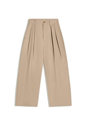 Beige high-waist wide-leg pants with pleats, belt loops, and a button closure at the front.