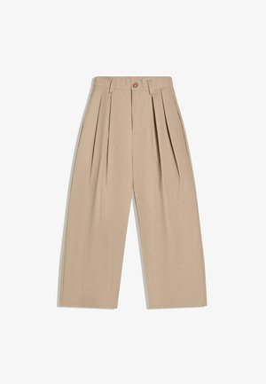 Beige High-Waist-Hose mit weitem Bein, Falten, Gürtelschlaufen und einer Knopfverschluss vorne.