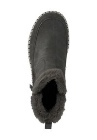 Bottine grise en suede doux avec une doublure en fausse fourrure, des détails couture et une semelle en caoutchouc avec une lisière claire contrastante.