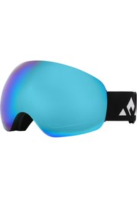 Snögogglor med en stor, rund, blåtonad lins och ett svart justerbart band med vita logotypdetaljer. Slät yta.