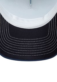 Navy cap with a structured design, curved bill, white stitching, and an inner light blue lining. Smooth fabric texture with no embellishments.