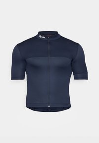 Camiseta de ciclismo azul oscuro con mangas cortas, cuello alto, cremallera frontal y sección superior texturizada. Cuenta con un logo en el cuello.
