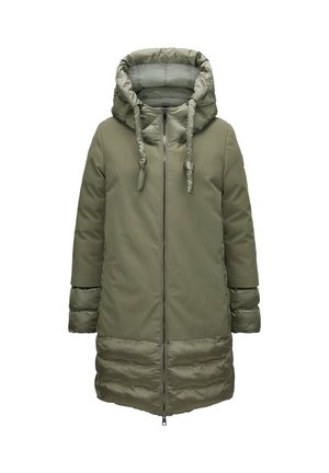 Olive green padded coat with a zip-up front, detachable hood, and elastic drawstrings. Features quilted lower panels and long sleeves.