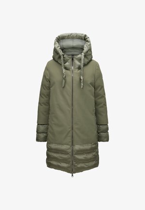 Olive green padded coat with a zip-up front, detachable hood, and elastic drawstrings. Features quilted lower panels and long sleeves.