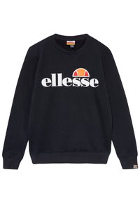 Svart långärmad sweatshirt med vitt "ellesse"-logotyp och orange-röd halvcirkel-emblem tryckt på framsidan och ärmslutet.