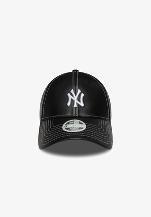 Black baseball cap made of leather, featuring white embroidered "NY" logo, contrasting white stitching, and a curved brim.