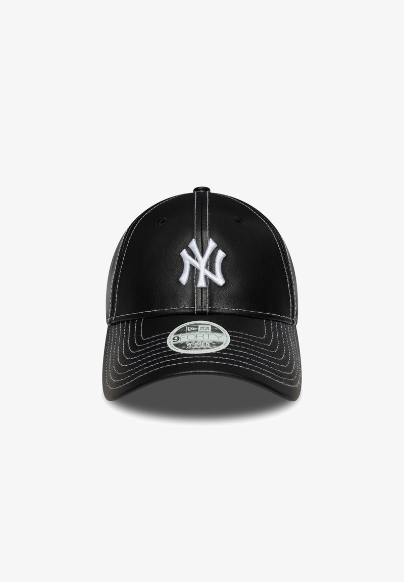 Black baseball cap made of leather, featuring white embroidered "NY" logo, contrasting white stitching, and a curved brim.