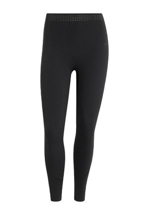 Czarne sportowe legginsy z wysokim stanem, z perforowanym detalem w pasie i subtelnym logo na górnej części uda, nogawki zwężane, bezszwowy design.