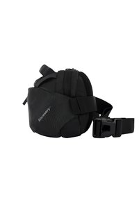 Bolso de cintura negro hecho de tela duradera, con un compartimento con cremallera, correa ajustable y una superficie texturizada para un mejor agarre.