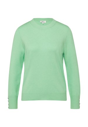 Jasnozielony, długorękawowy sweter dzianinowy z okrągłym dekoltem i ozdobnymi guzikami na mankietach, rozmiar średni.