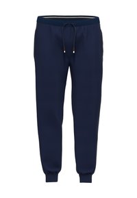 Navy blue jogger pants made of smooth fabric, featuring elastic waistband, drawstring closure, side pockets, and ribbed cuffs.