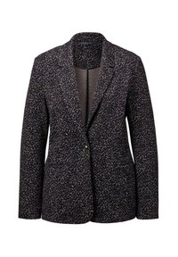 Zwarte blazer van een textuurstof met witte en paarse spikkels, met enkele knoopsluiting en notch revers. Twee voorzakken zichtbaar.