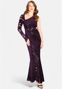 Lila Paillettenkleid mit figurbetonter Silhouette, einem langen Ärmel mit floraler Spitze und einem ausgestellten Saum. Glatte Textur mit kunstvollen Details.