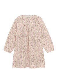Blomstret kjole med lange ærmer, lavet af blødt stof. Lyserød baggrund med små grønne blade og lyserøde blomster. Rund halsudskæring, løs pasform.